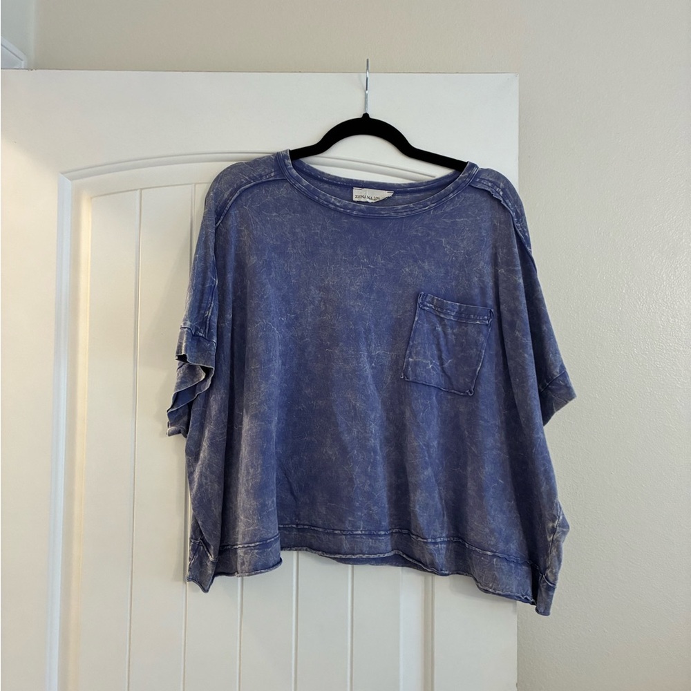 Zenana Outfitters Distressed Blue Short Sleeve Tee